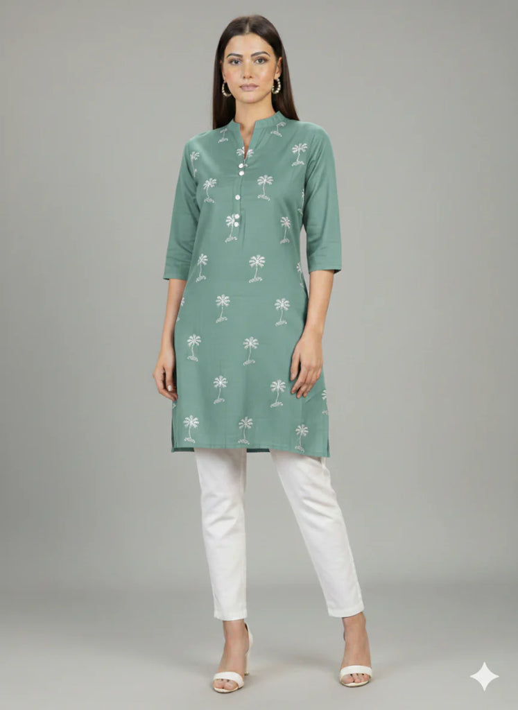 St064- Green  Long  Embroidered Top