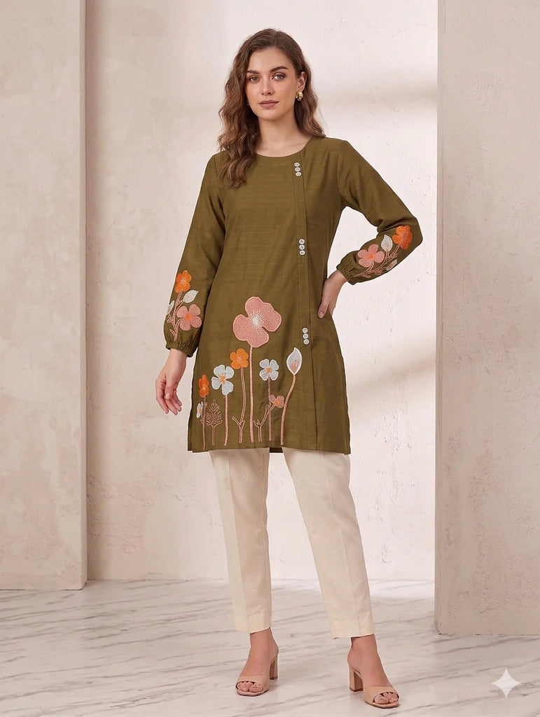 St124- Brown Cotton Multi Floral Embroidered Top