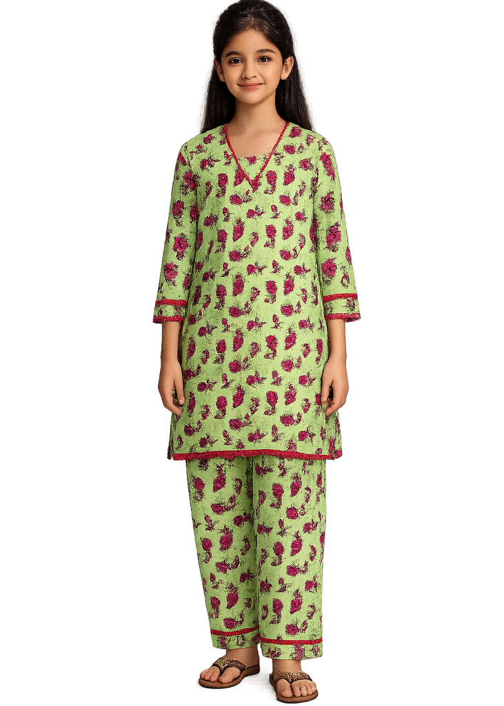 GREEN   FLOWER  2PCS LAWN SUIT  ( Kids Edition)