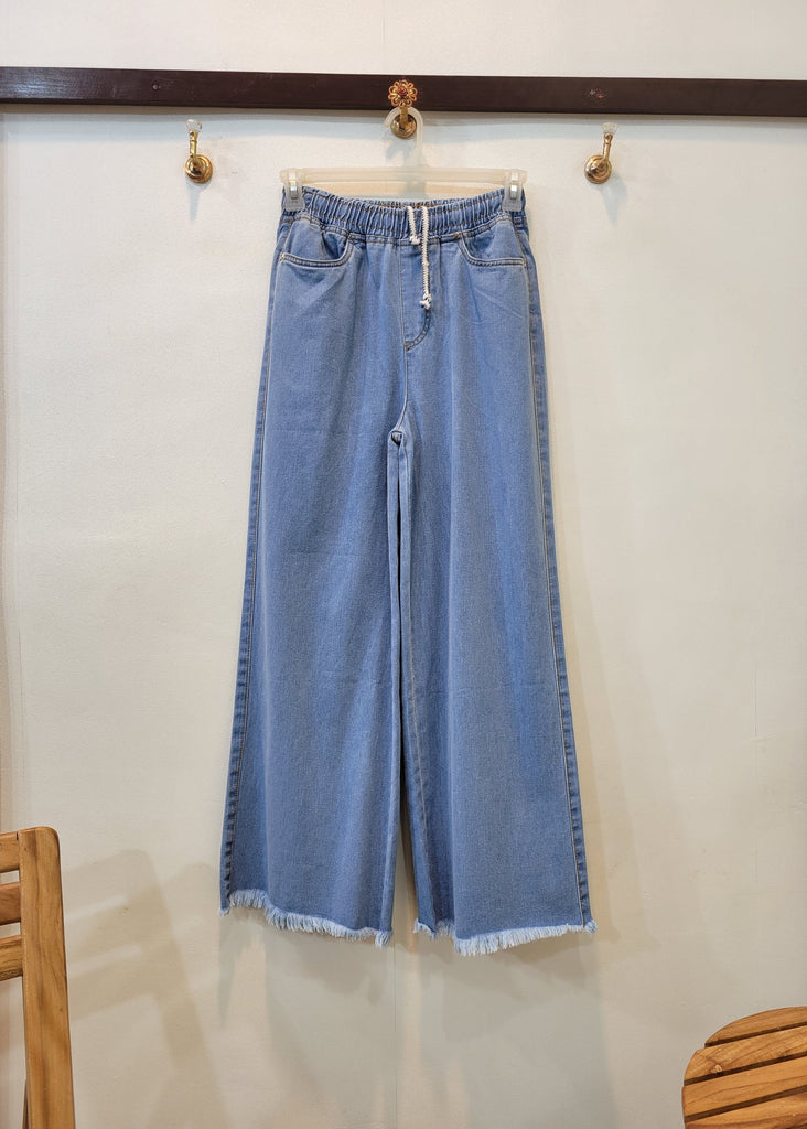 L-SKY BLUE  Dori Elastic Waist DENIM TROUSER ( Teen age Girls and Ladies With pockets)