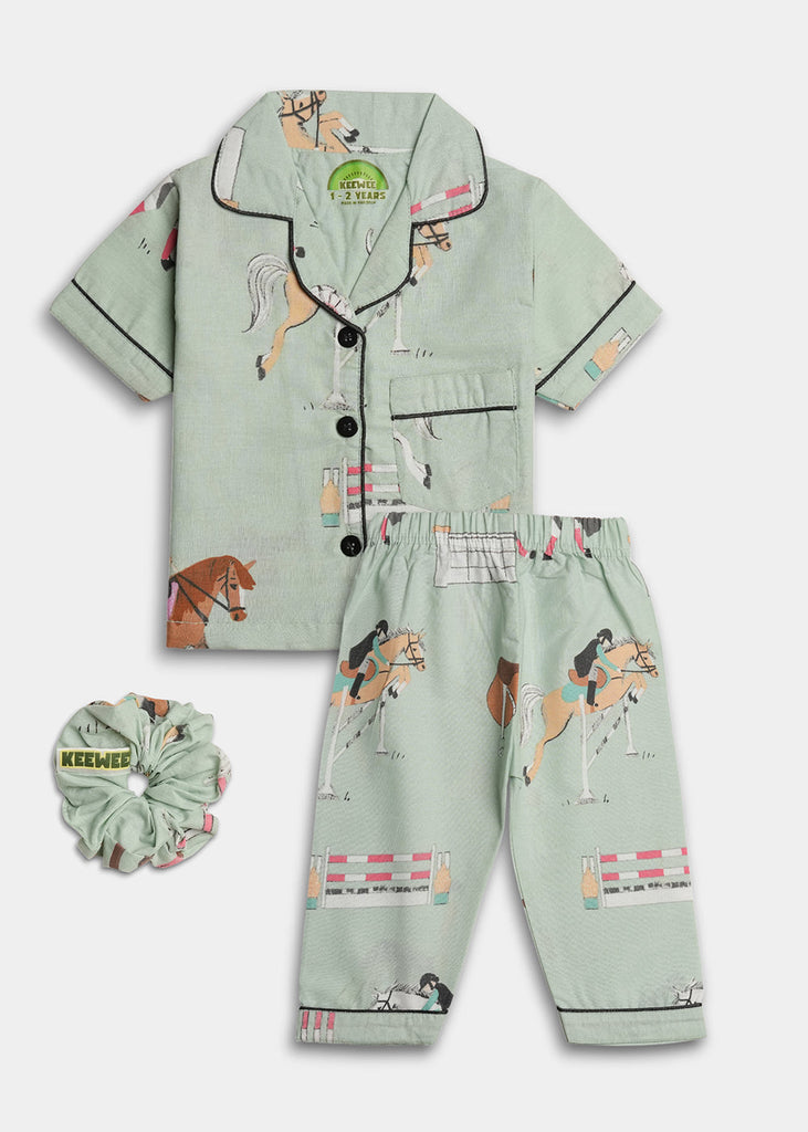 Printed Horses Nightsuit - Sea Green