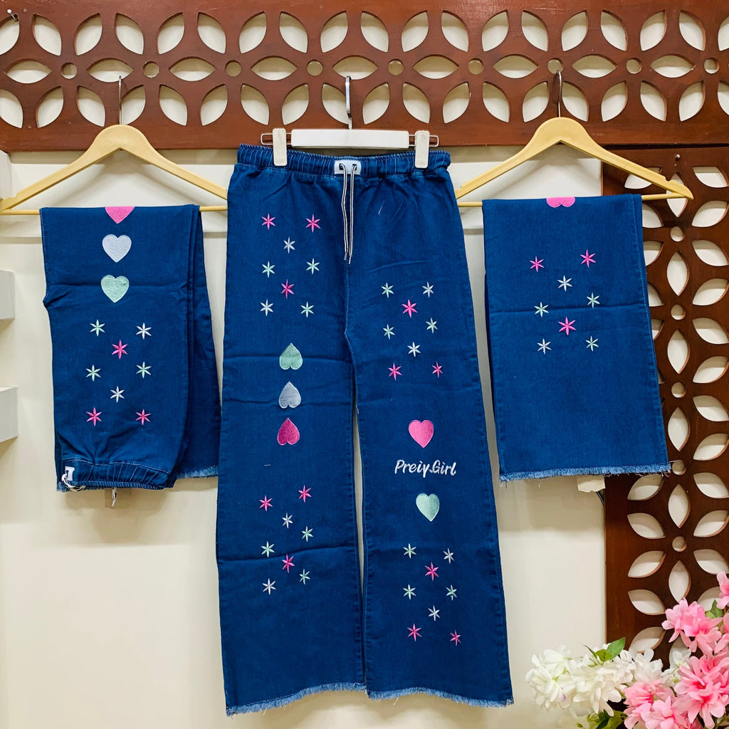 L-Prety Girl Embroidered Denim Jeans with Adjustable Dori Waistband