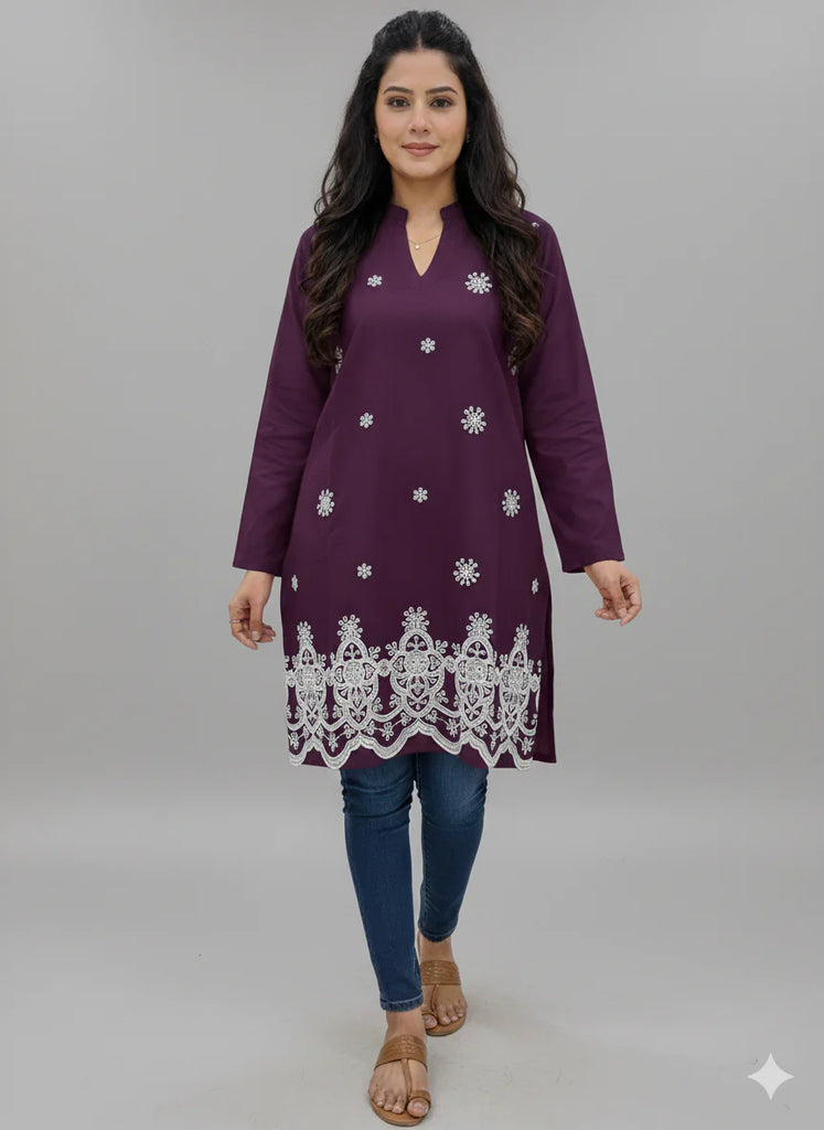 St052 - Purple  Long  Embroidered Top