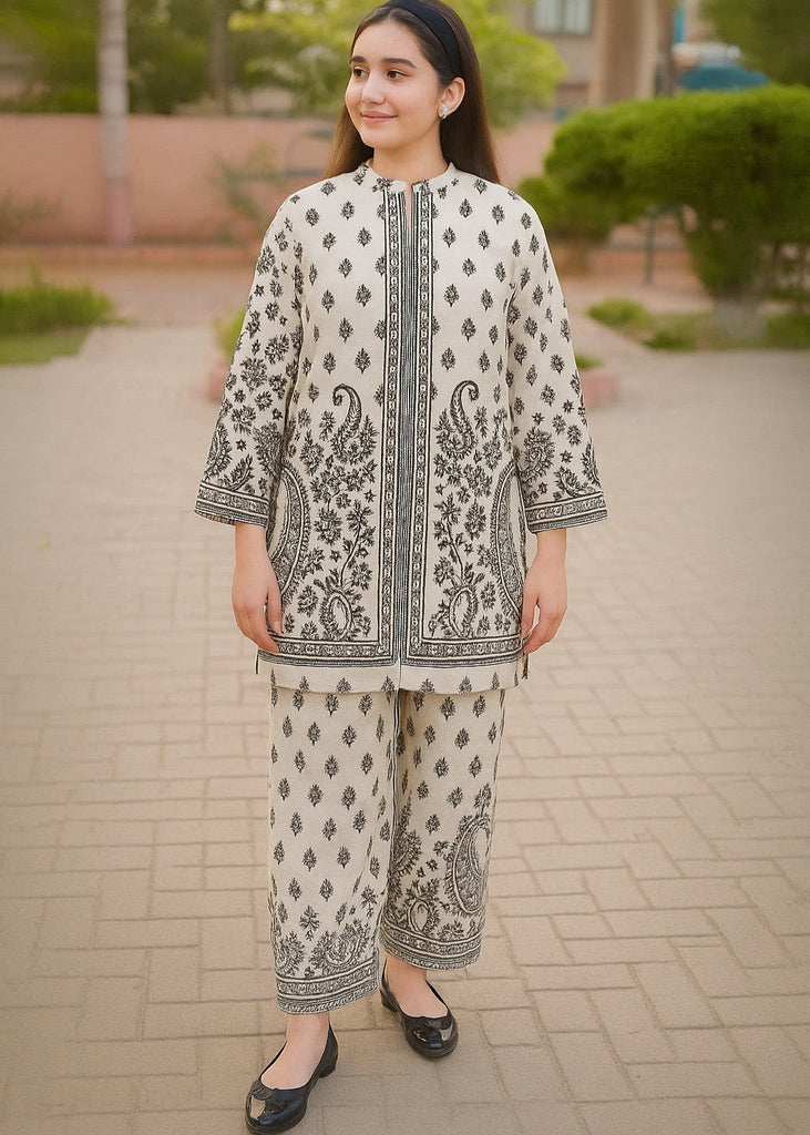 Vintage Charm – Off-White & Black Block Printed Co-Ord