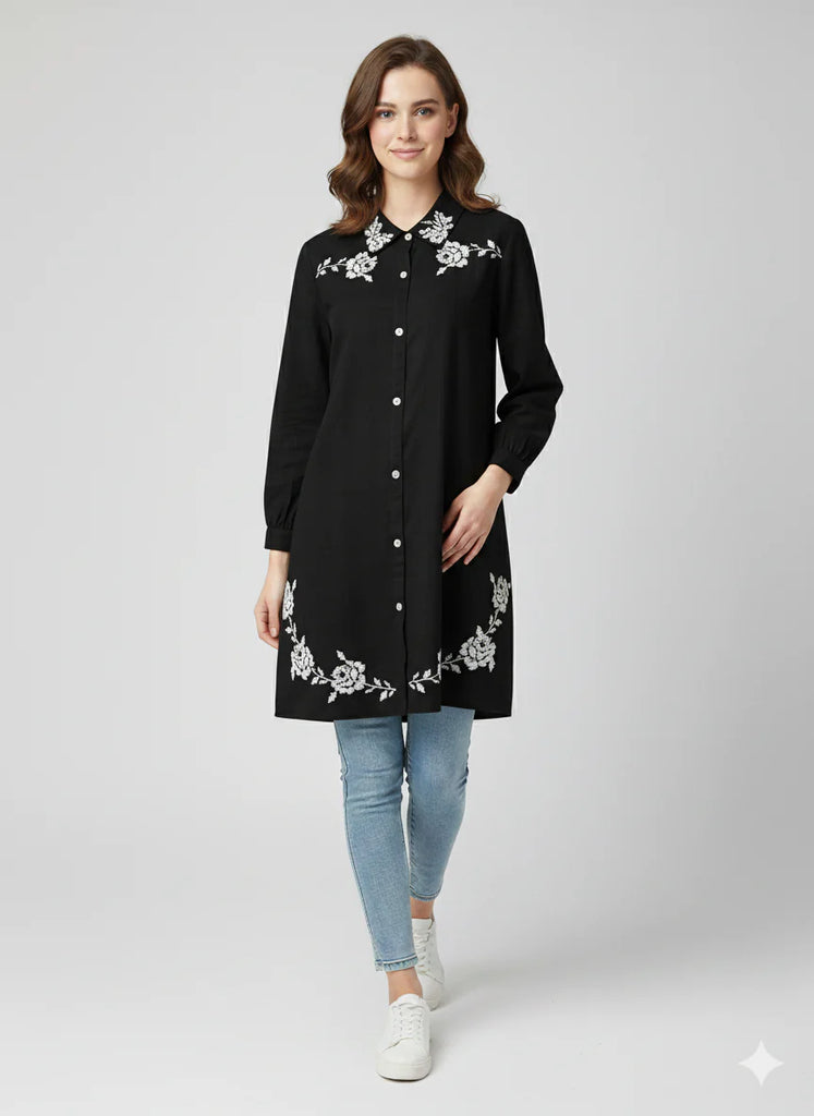 St053 - Black Green  Long  Embroidered Top