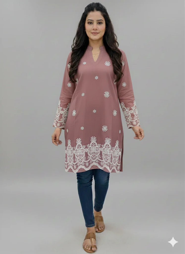 St052 - T-Pink  Long  Embroidered Top