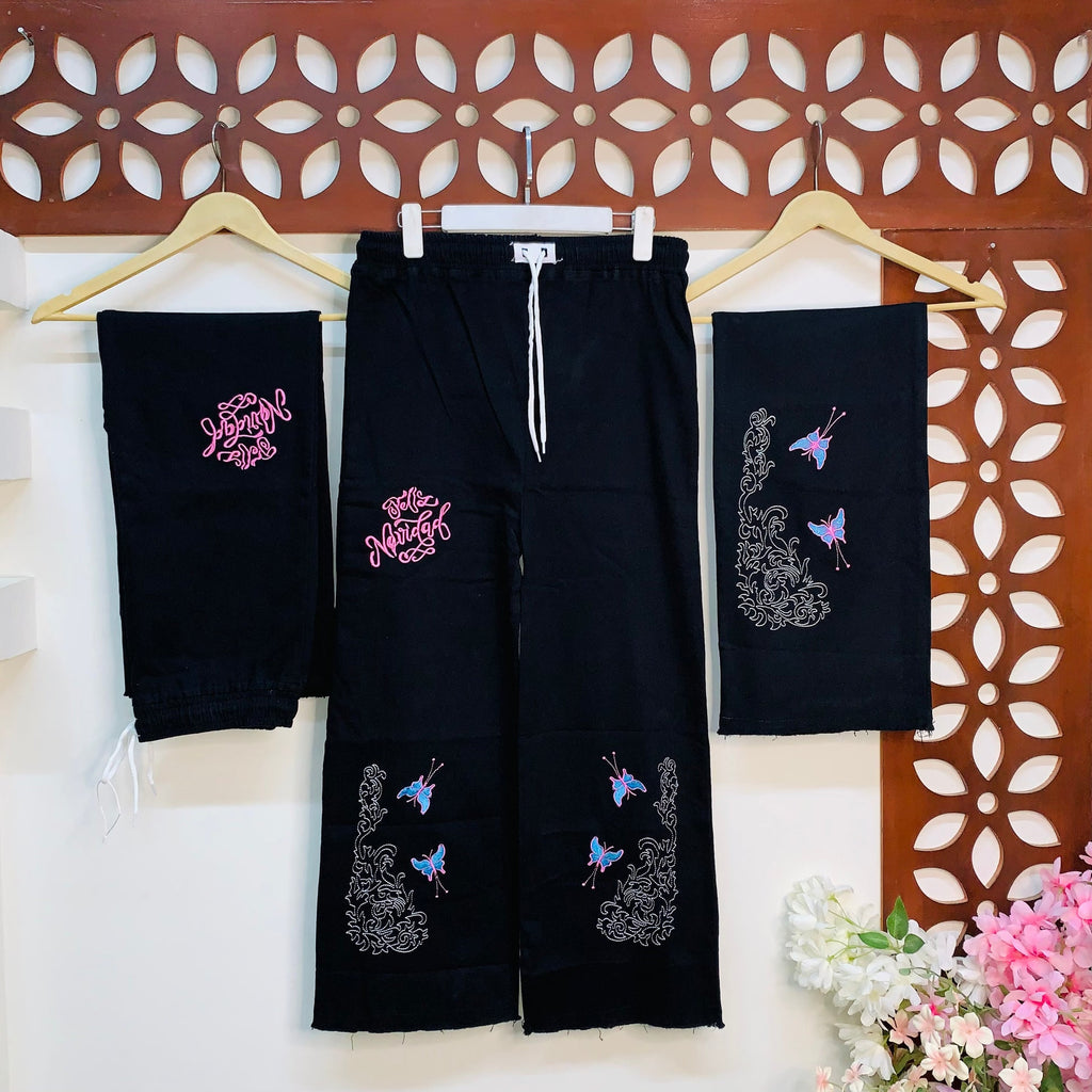 L-Embroidered Signature Black Jeans with Butterfly 🦋 Details