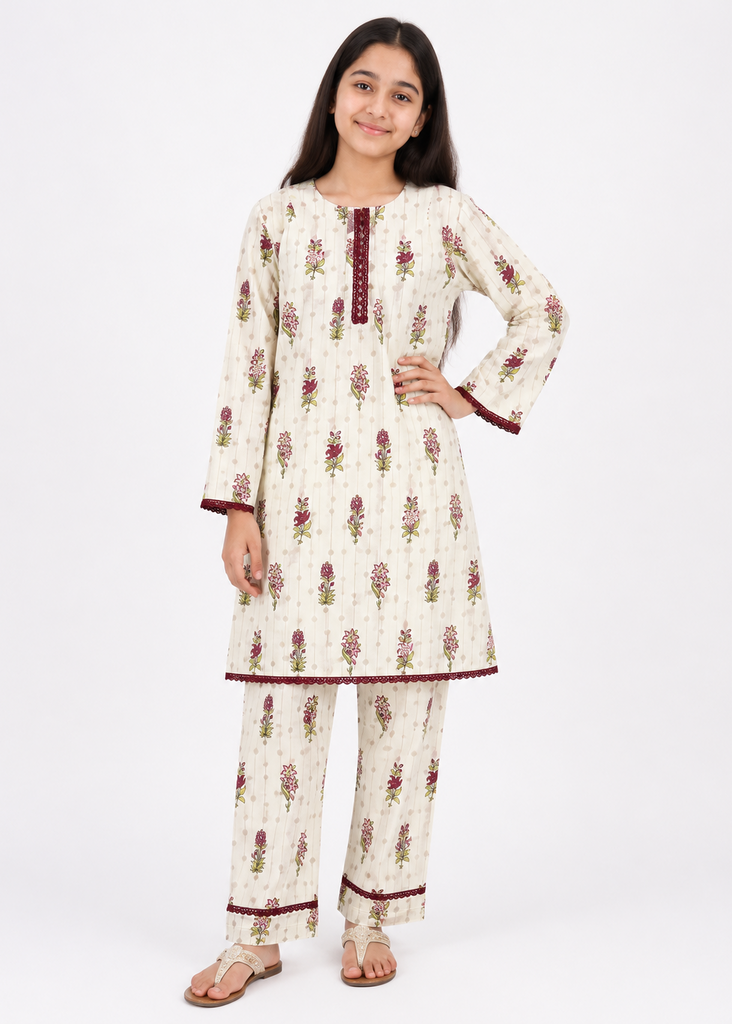OFF WHITE  FLOWER  2 PCS LAWN SUIT  ( Kids Edition)