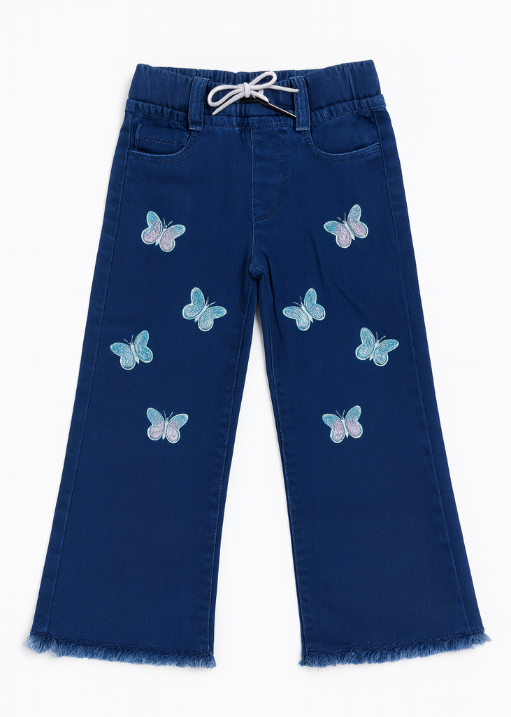UZ -Girls Navy Blue Denim Pants with Butterfly Embroidery  ( Imported and Original)