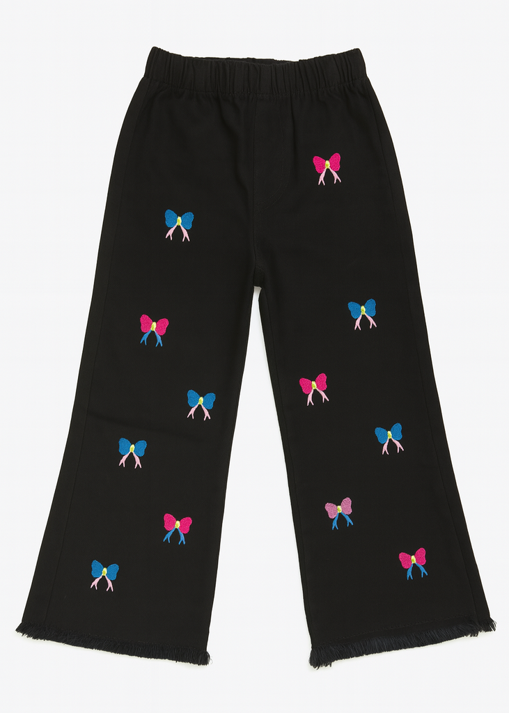 UZ - Girls Black Denim Pants with Colorful Bow Embroidery