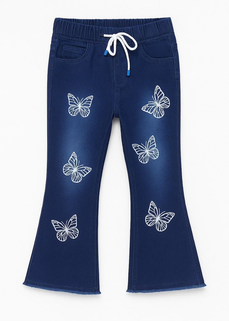UZ- "Girls Navy Blue Denim Pant with White Butterfly Embroidery  ( Imported and Original)