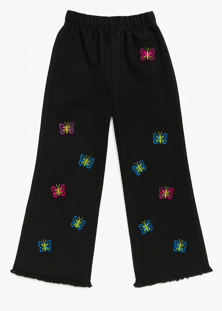UZ-Girls Black Denim Pants with Colorful Butterfly Embroidery   ( Imported and Original)