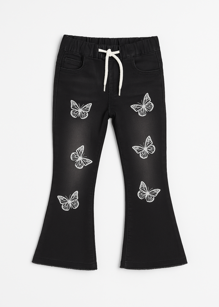 UZ -"Girls Black Denim Pant with White Butterfly Embroidery" 🦋👖  ( Imported and Original)