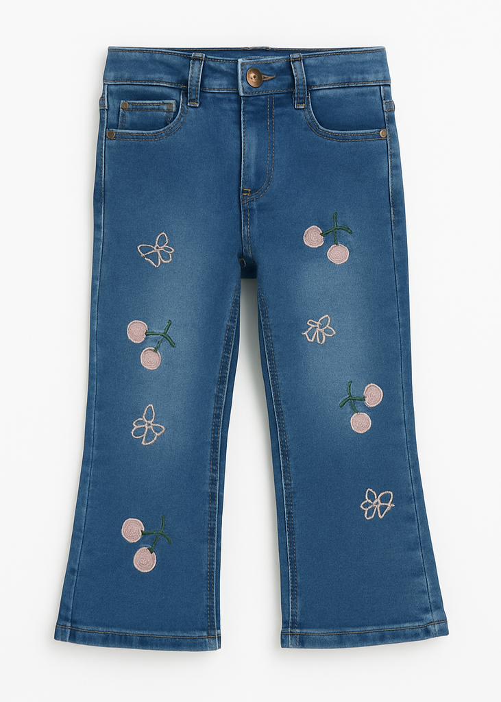 UZ - Girls Jeans with Pink Cherry & Bow Embroidery LT Blue   ( Imported and Original)