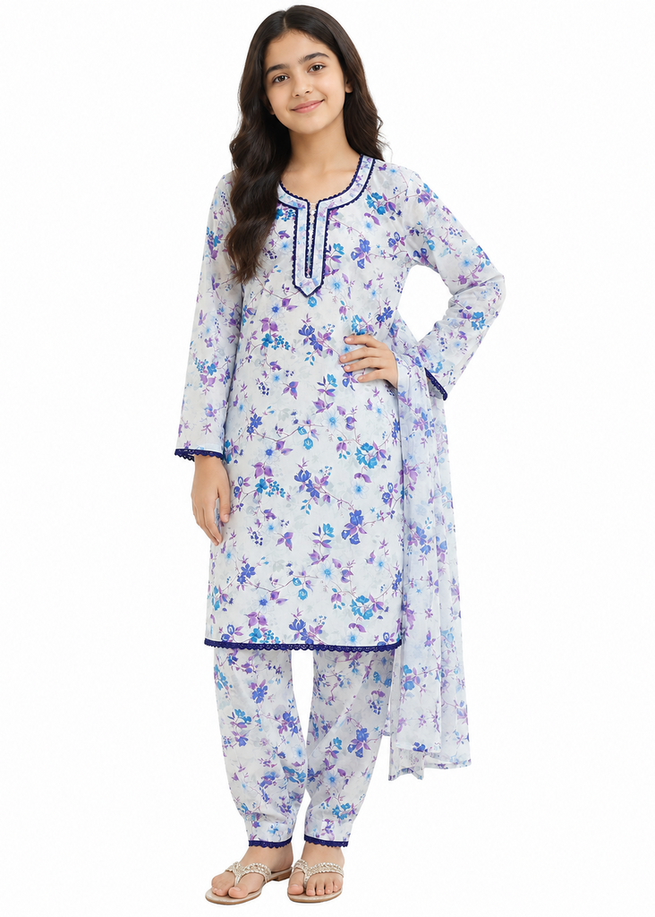 WHITE PRINT  LAWN  2PCSLAWN SUIT  ( Kids Edition)