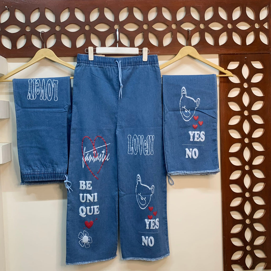 L-Calligraphy Block Print Denim Trouser