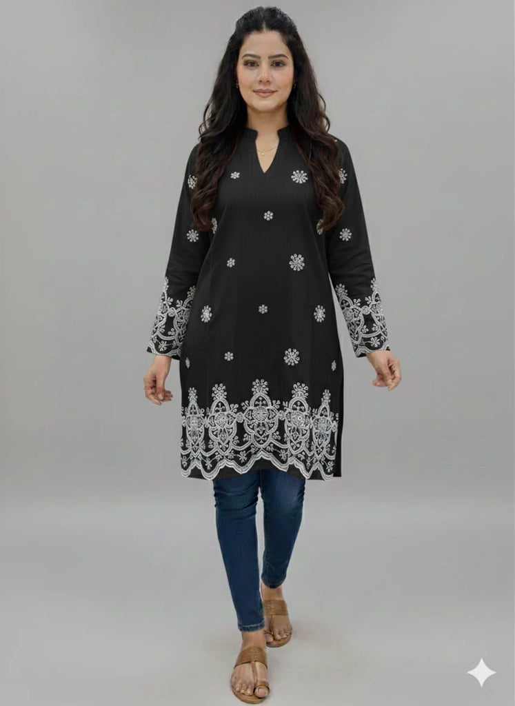 St052 - Black   Long  Embroidered Top