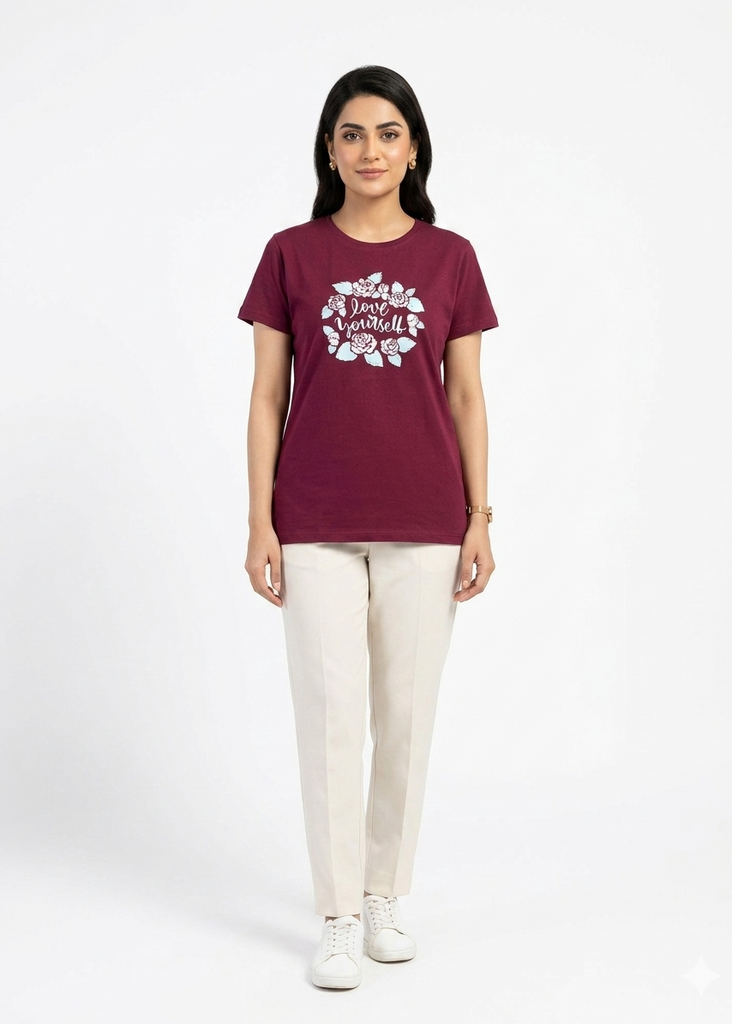 Mahroon love your self Graphical T shirt