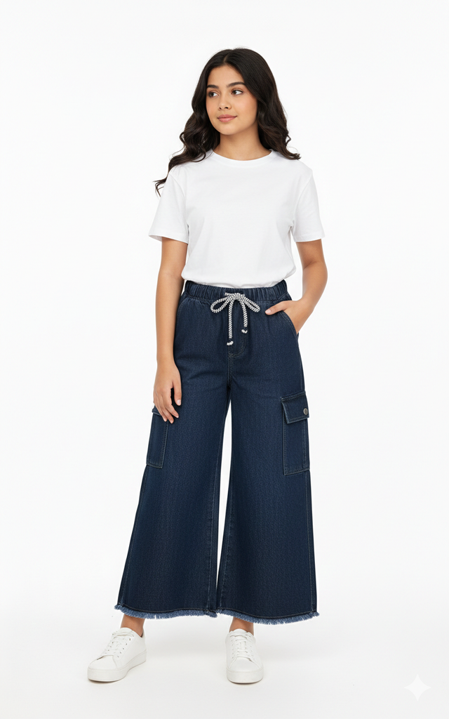 W-DARK BLUE DENIM JEANS CARGO WITH TWO POCKETS ( Teen age Girls and Ladies)
