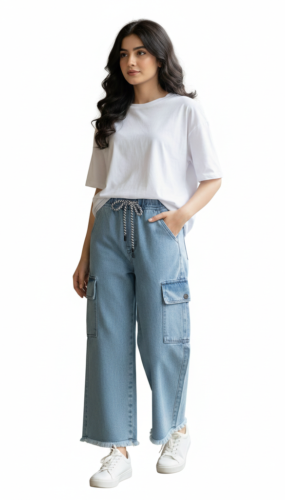 W-LIGHT BLUE DENIM JEANS CARGO WITH TWO POCKETS ( Teen age Girls and Ladies)