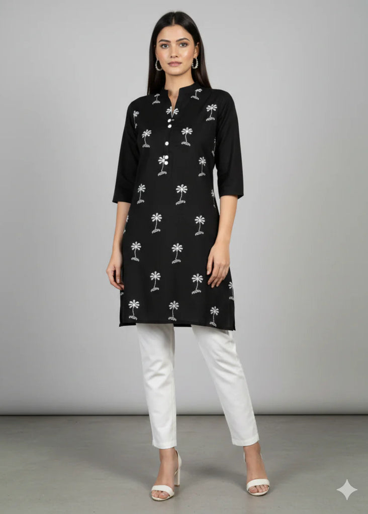 St064- Black Long  Embroidered Top