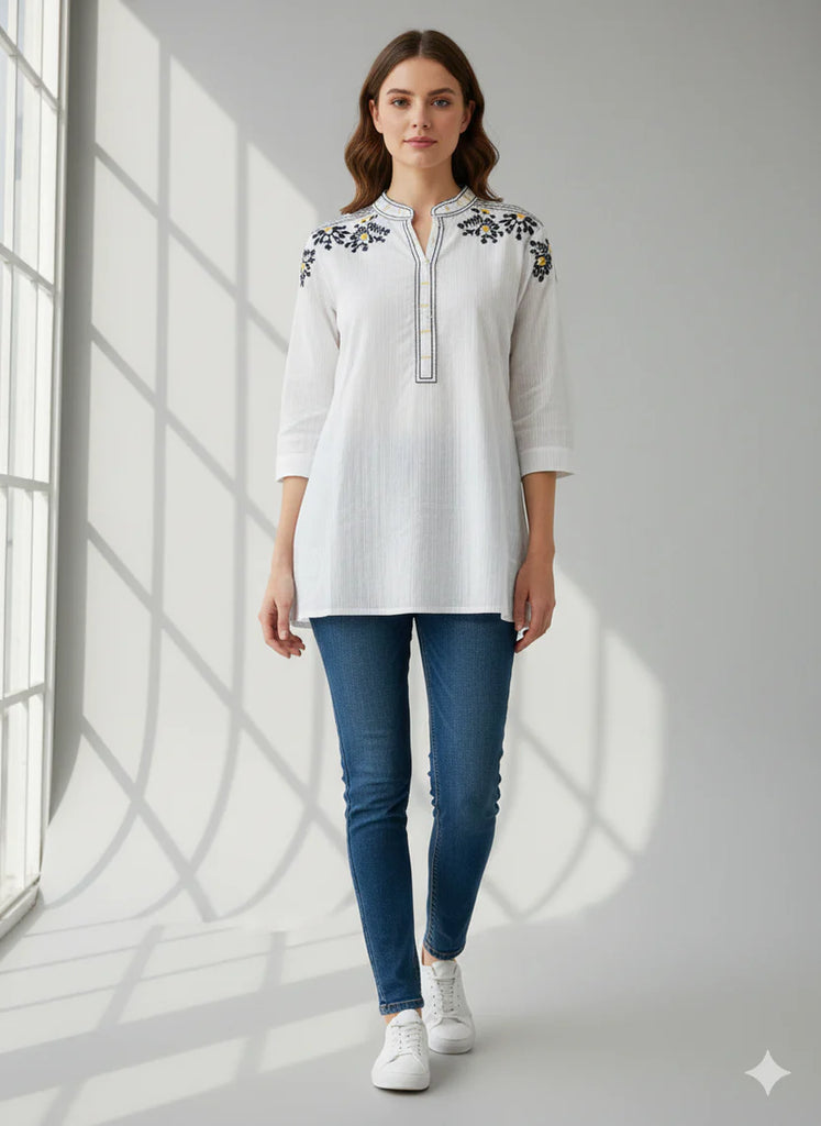 St124- Cotton Multi Floral Embroidered Top