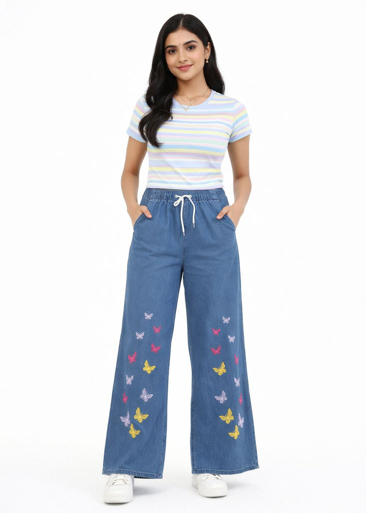 A- SKY BLUE  DENIM JEANS WITH MULTI COLOUR BUTTERFLY  EMBRODIERY