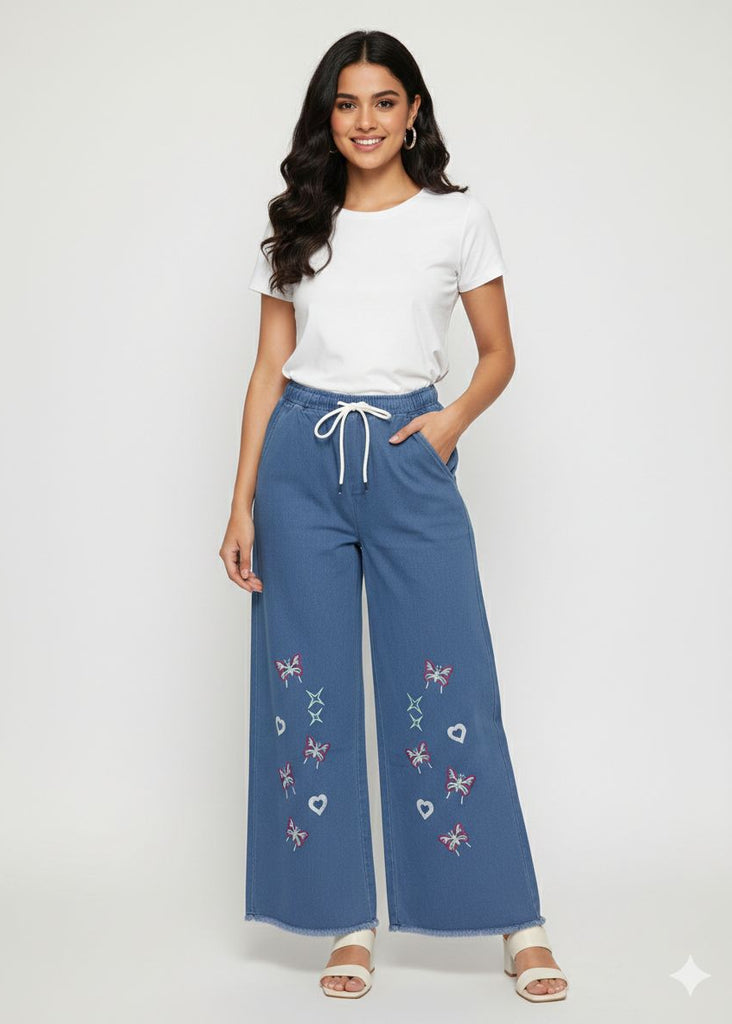 A-SKY BLUE  DENIM JEANS WITH HEART AND   BUTTERFLY  EMBRODIERY