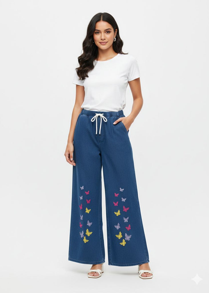 A-MID BLUE  DENIM JEANS WITH MULTI COLOUR BUTTERFLY  EMBRODIERY