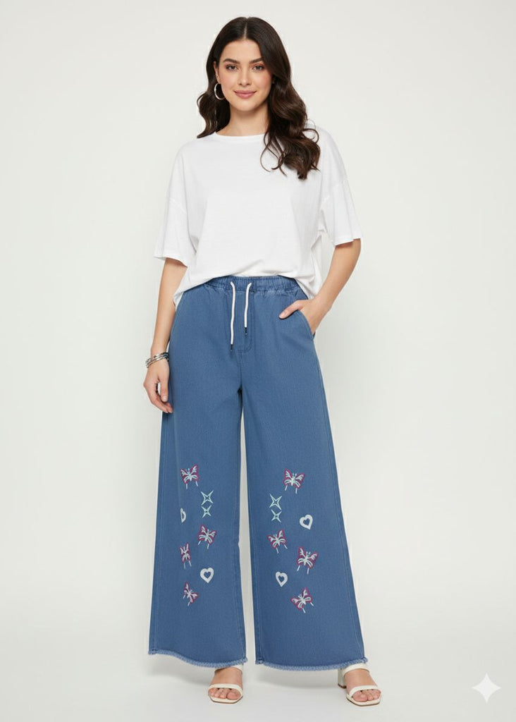 A-MID BLUE  DENIM JEANS WITH HEART AND   BUTTERFLY  EMBRODIERY