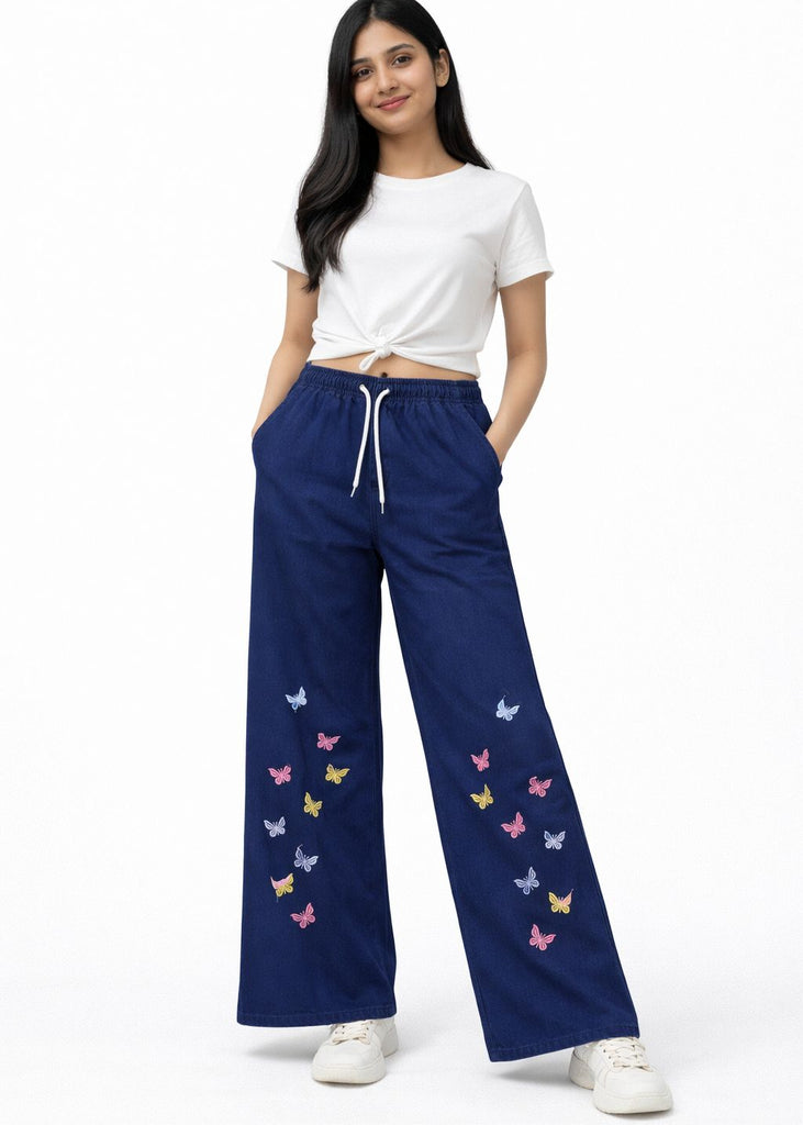 A-NAVY BLUE  DENIM JEANS WITH MULTI COLOUR BUTTERFLY  EMBRODIERY