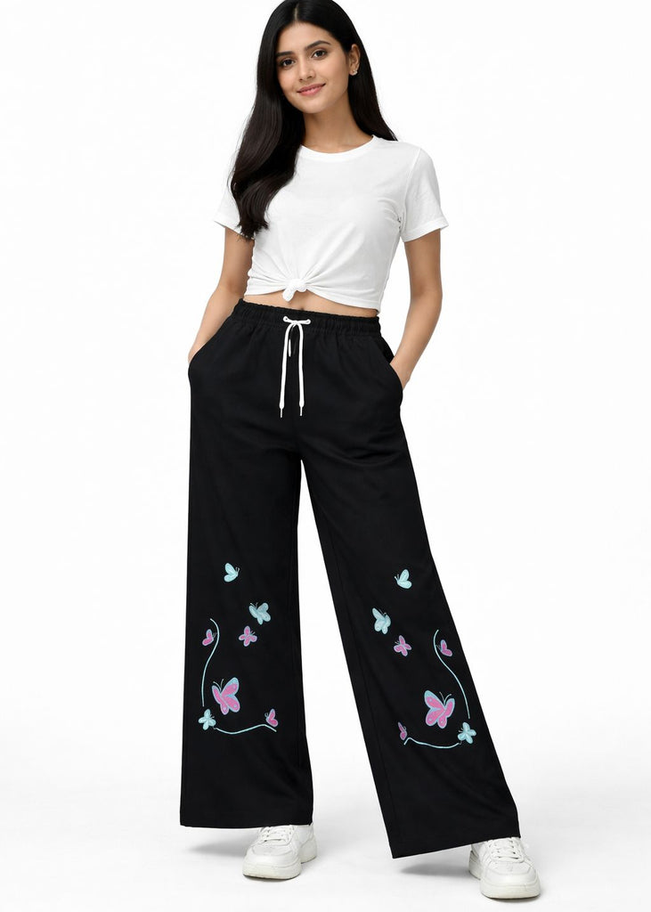 A-BLACK  DENIM JEANS WITH MULTI COLOUR  BUTTERFLY  EMBRODIERY
