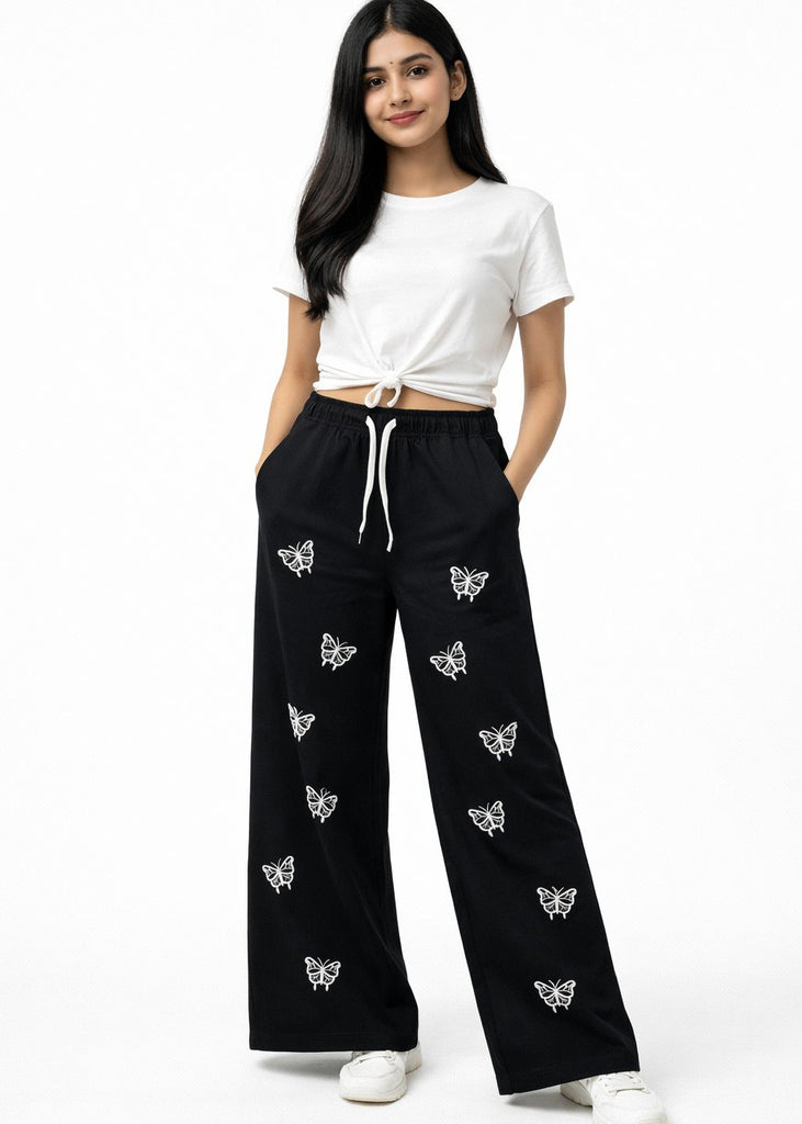 A-BLACK  DENIM JEANS WITH WHITE SINGLE BUTTERFLY  EMBRODIERY