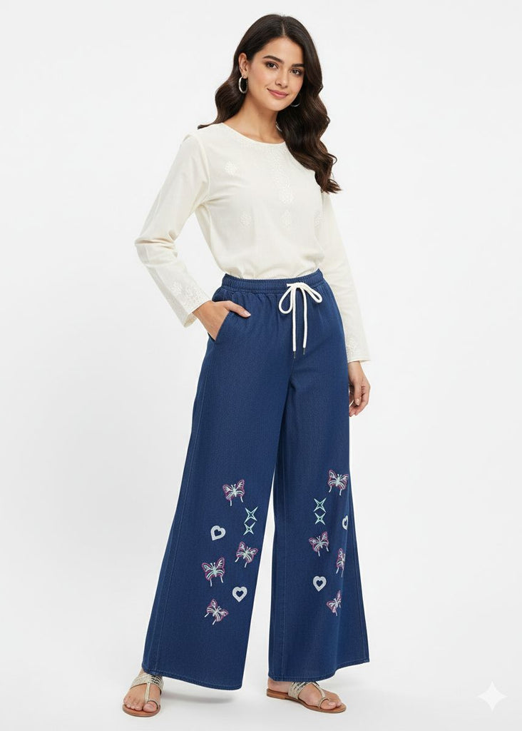 A-DENIM BLUE  DENIM JEANS WITH HEART AND   BUTTERFLY  EMBRODIERY