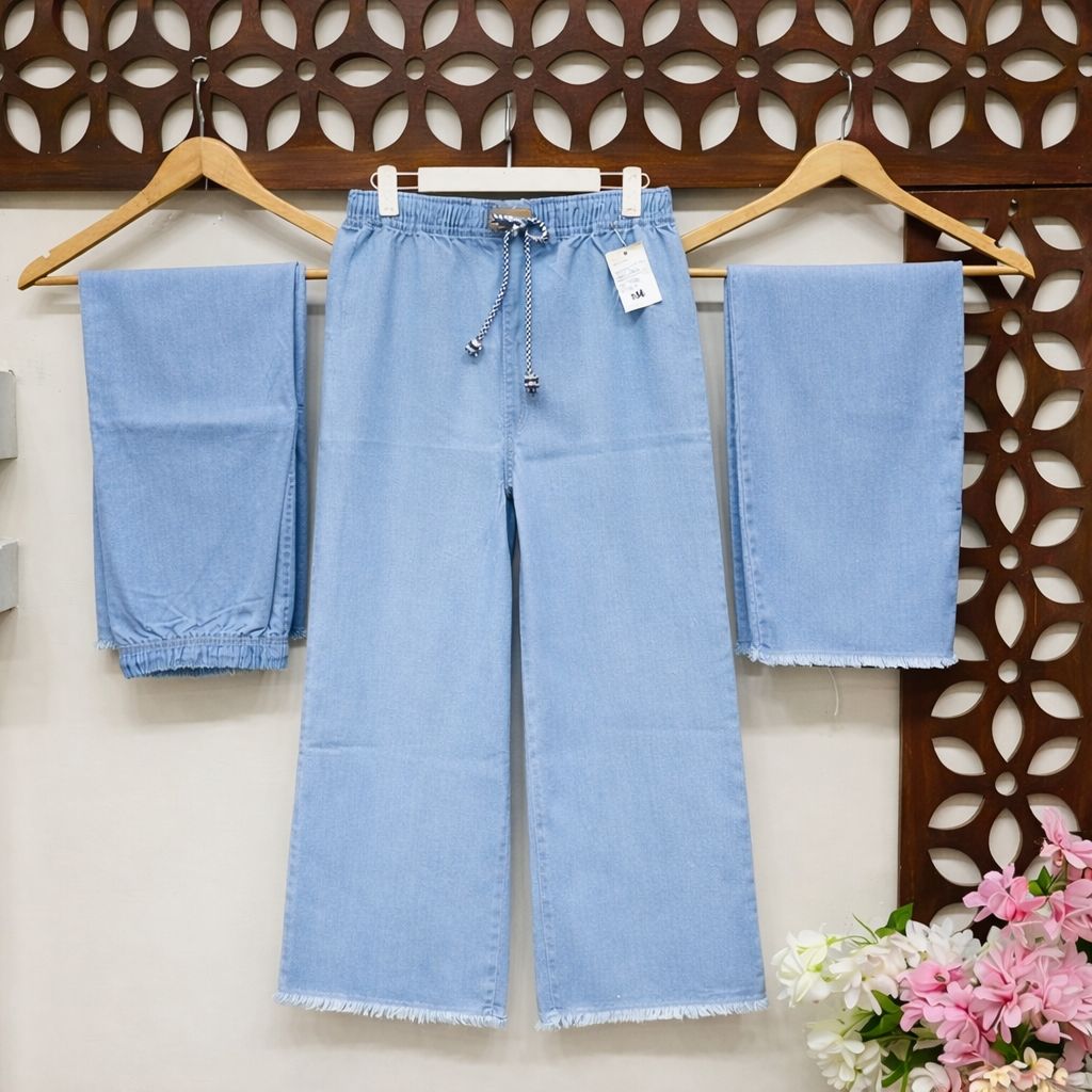 L-ICE BLUE  Dori Elastic Waist DENIM TROUSER ( Teen age Girls and Ladies)