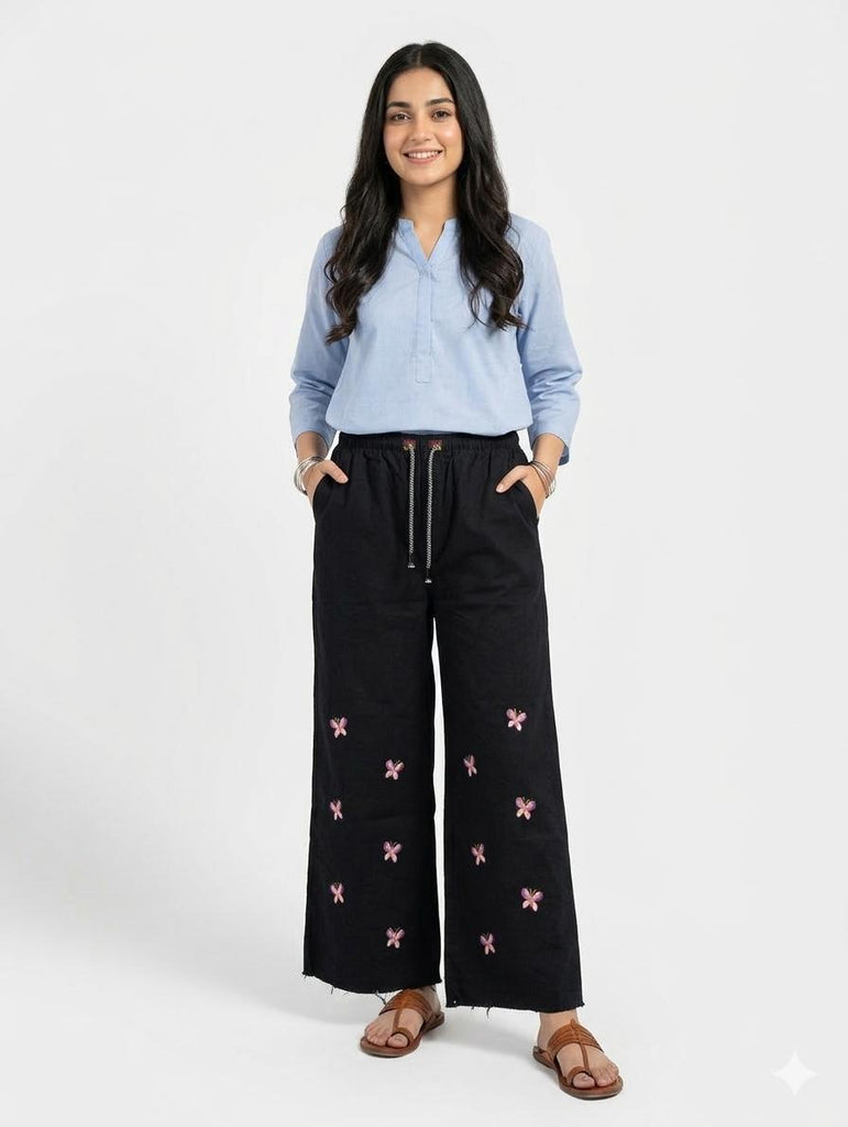 W-BLACK SMALL BUTTERFLY EMBROIDERY DORI ELASTIC ( LADIES SIZE)