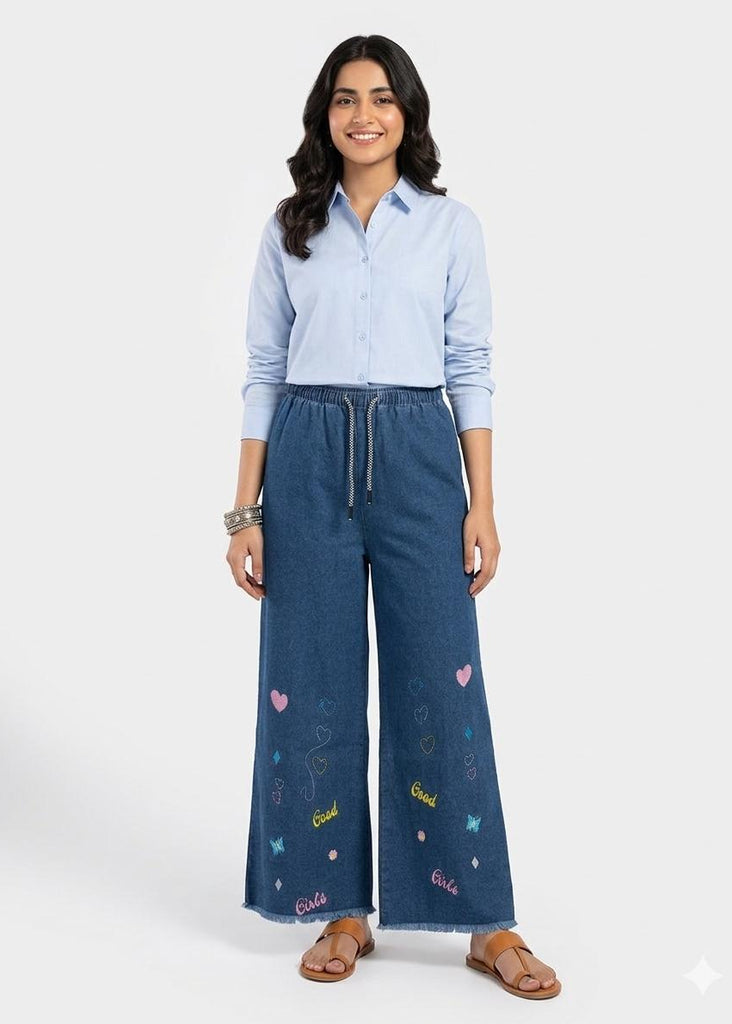 W-DENIM BLUE GOOD GIRL EMBROIDERY DORI ELASTIC ( LADIES SIZE)