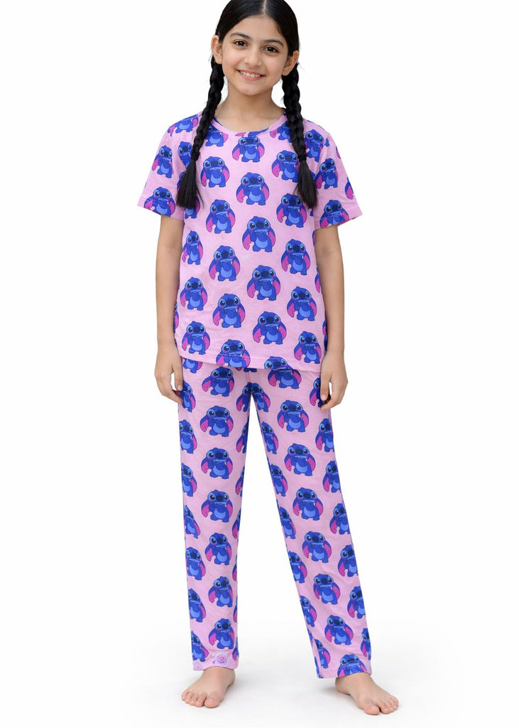 pink stitch print kids night Suit