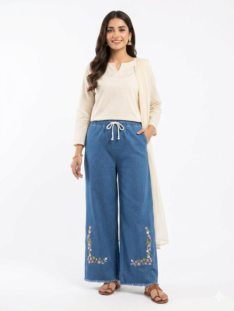 W-SKY BLUE  NEW FLOWER   EMBROIDERY DORI ELASTIC ( LADIES SIZE)