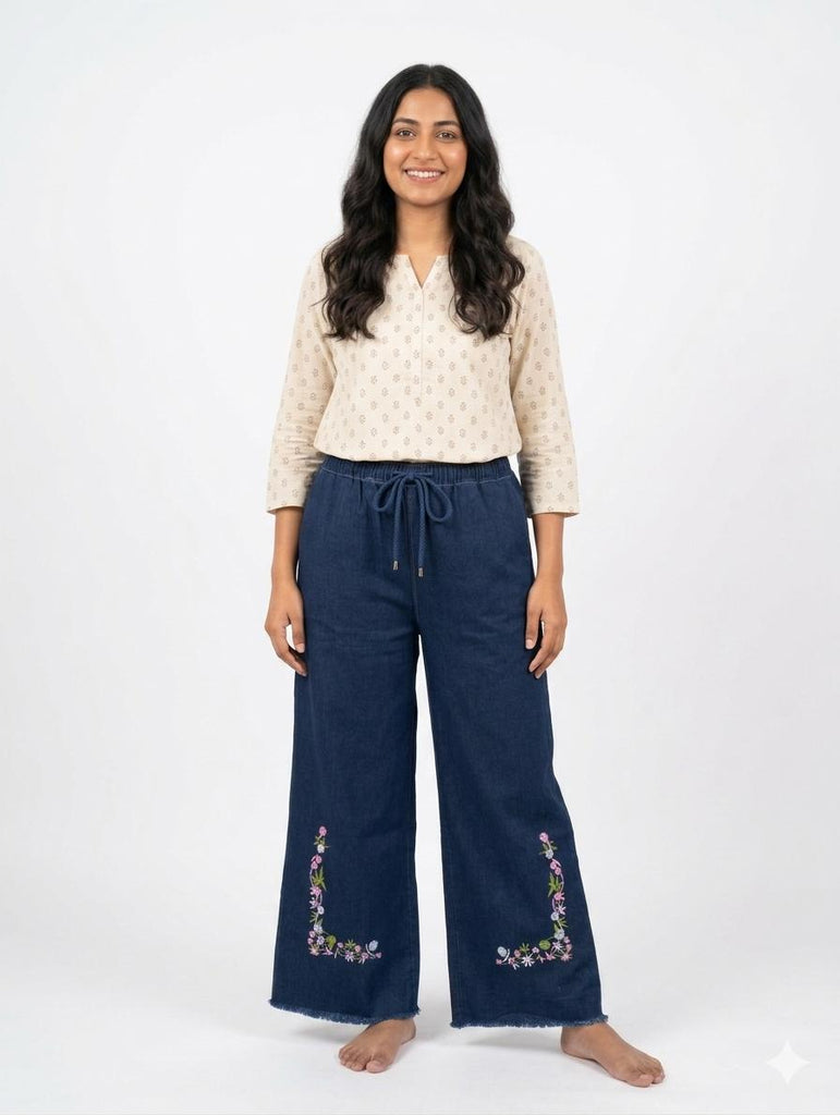 W-NAVY  BLUE  NEW FLOWER   EMBROIDERY DORI ELASTIC ( LADIES SIZE)