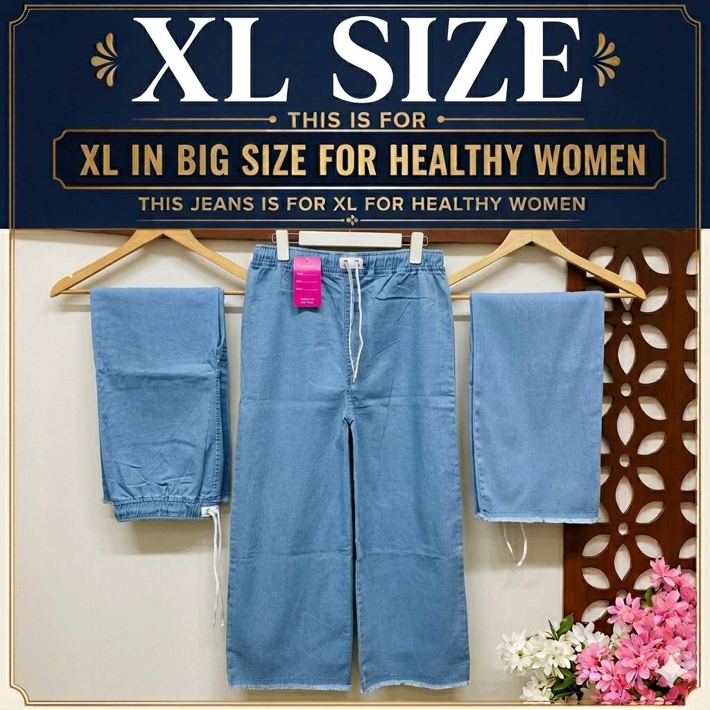XL-Sky  Blue  Dori Elastic Waist DENIM TROUSER ( For Healthy Women)