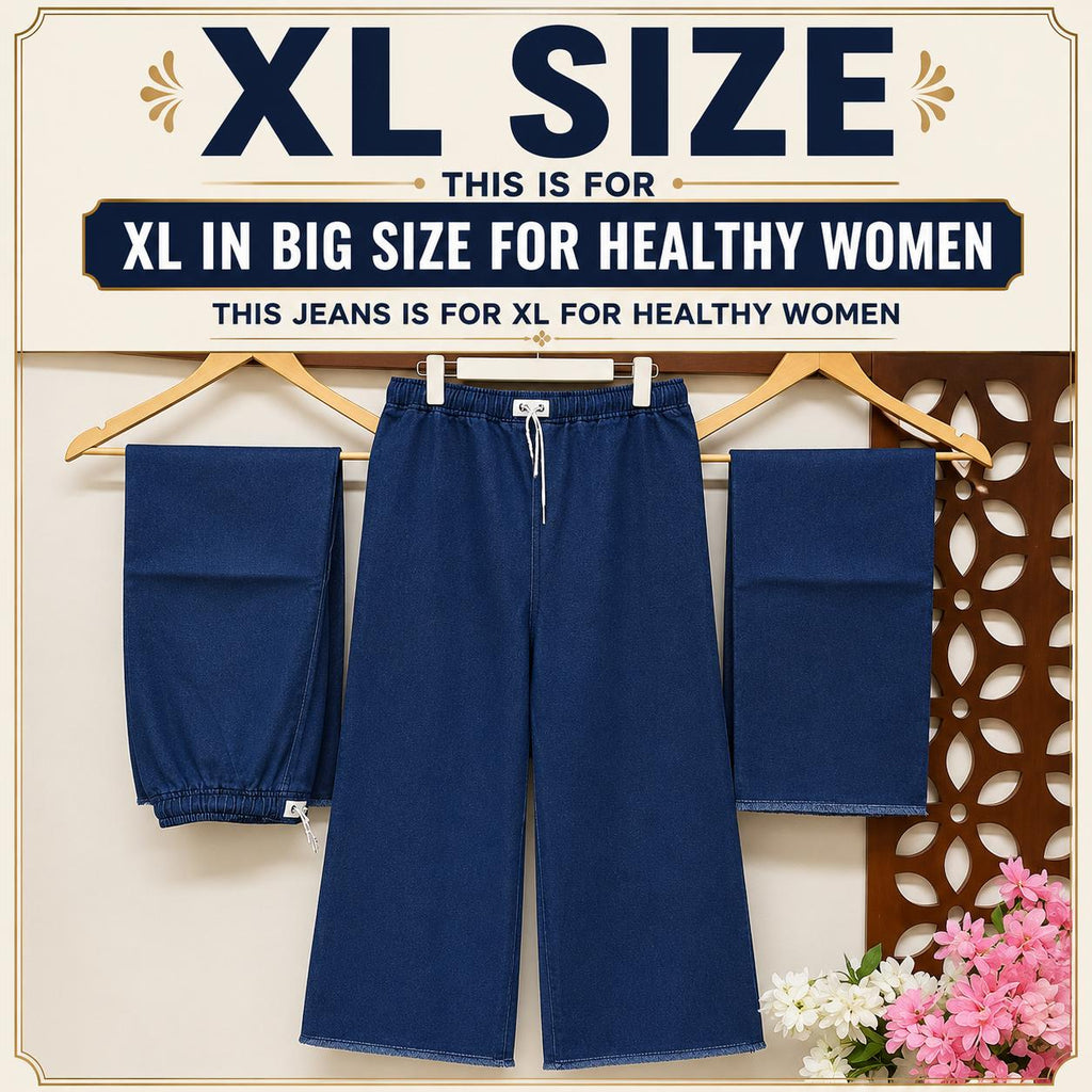 XL-Denim Blue  Dori Elastic Waist DENIM TROUSER ( For Healthy Women)