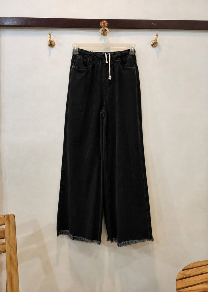 L-BLACK  Dori Elastic Waist DENIM TROUSER ( Teen age Girls and Ladies With pockets )