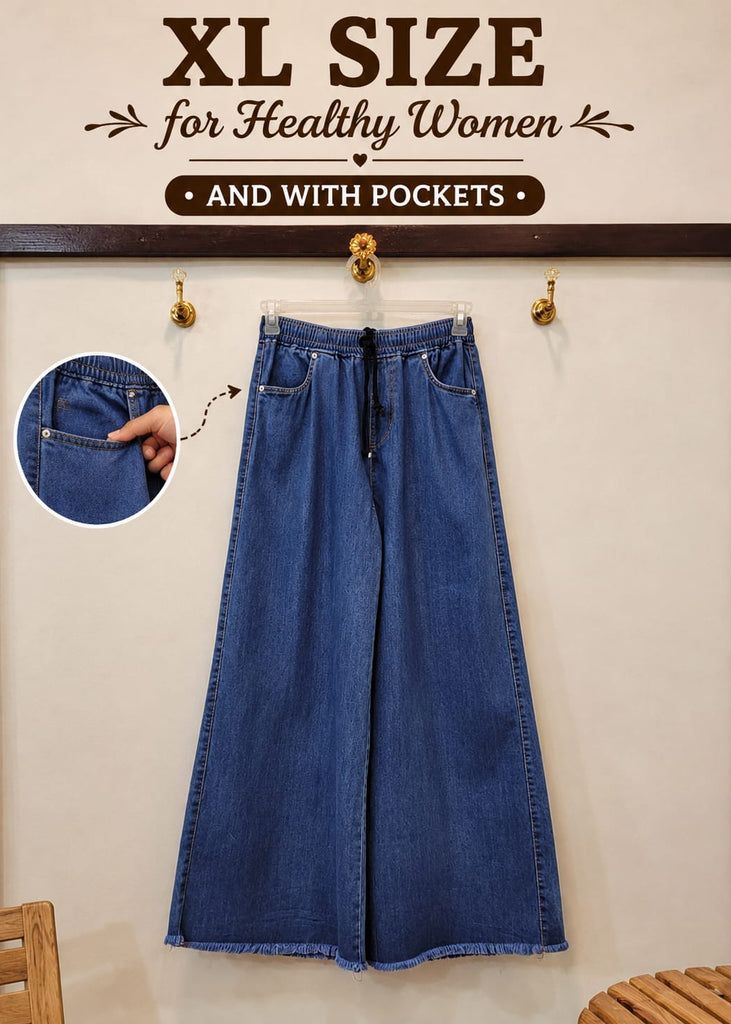 XL-Denim Blue  Dori Elastic Waist DENIM TROUSER ( For Healthy Women With Pockets )