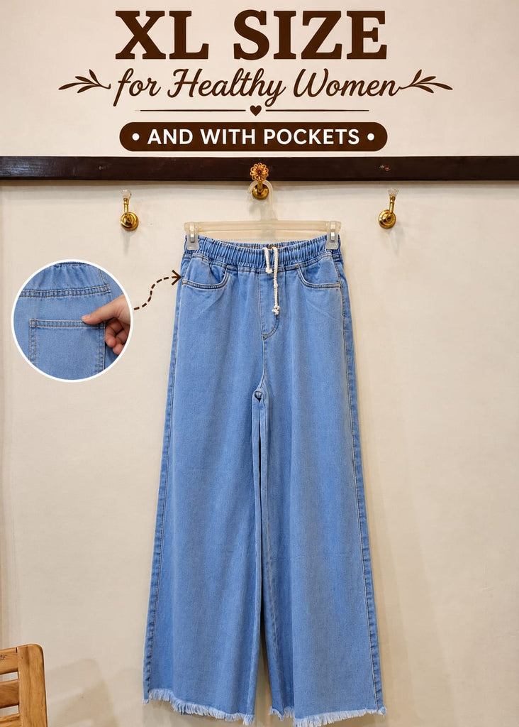 XL-Sky  Blue  Dori Elastic Waist DENIM TROUSER ( For Healthy Women With pockets)