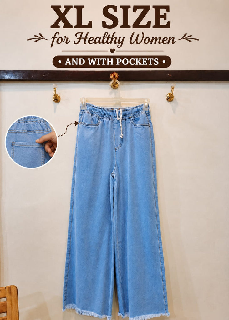 XL-Ice  Blue  Dori Elastic Waist DENIM TROUSER ( For Healthy Women With pockets)
