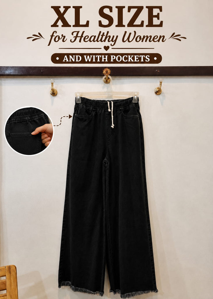 XL-Black  Dori Elastic Waist DENIM TROUSER ( For Healthy Women and with Pockets)