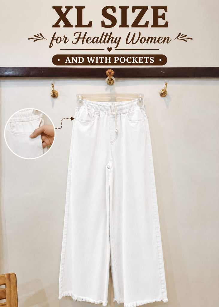 XL-White  Dori Elastic Waist DENIM TROUSER ( For Healthy Women and with Pockets)