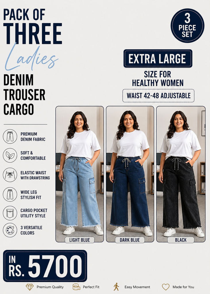 Pack of 3 Dori Elastic Waist DENIM CARGO  ( For healthy Women )