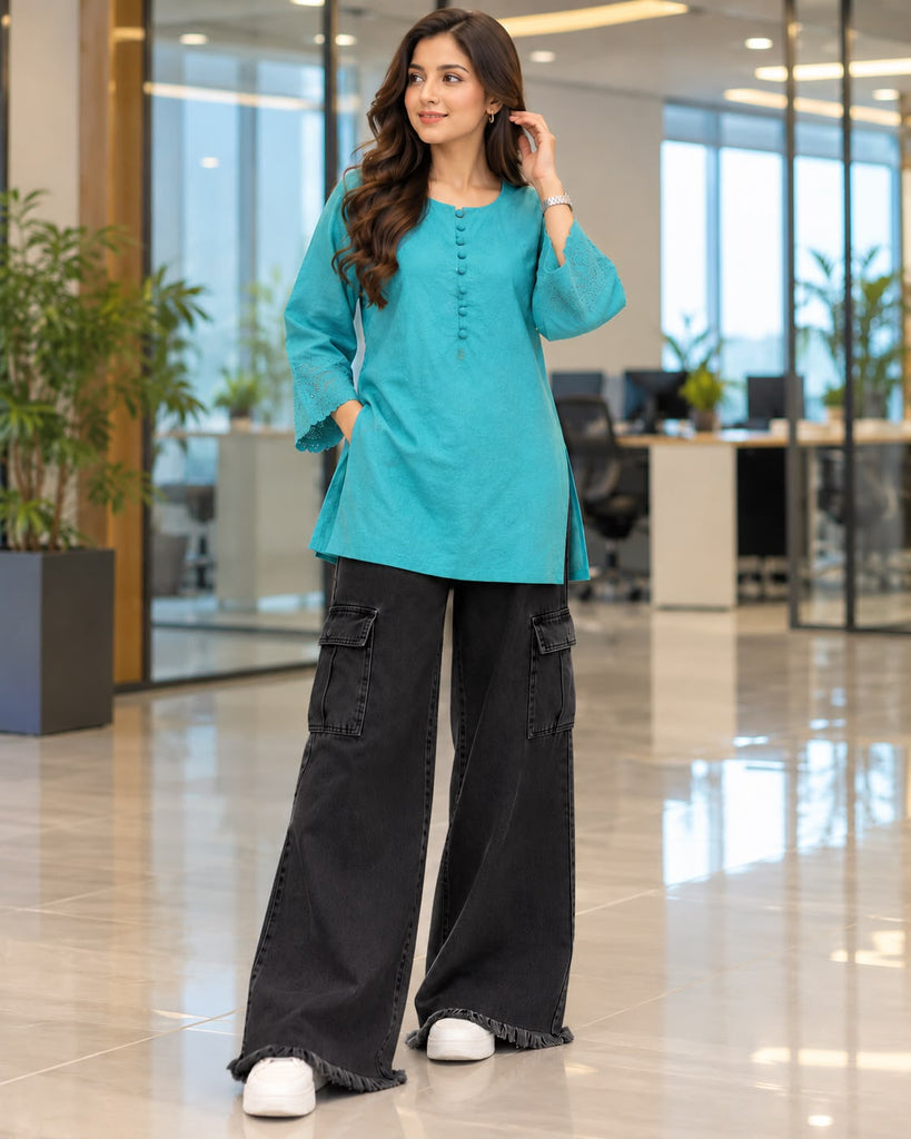 Women lace Sleeve Top | Turquoise Blue